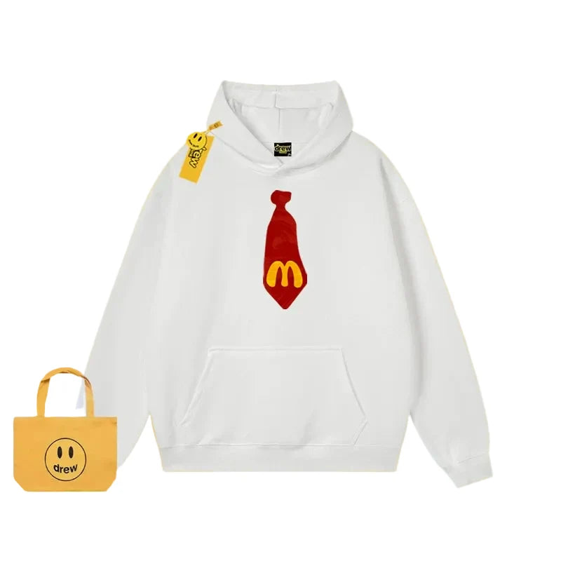 Drew Cartoon Tie Print Fleece Hoodie, White