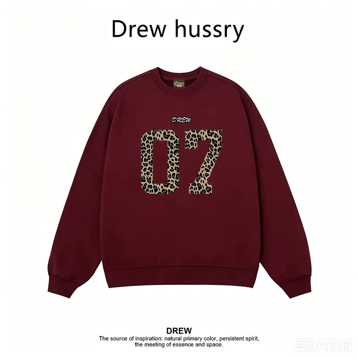 Drew Leopard 07 Graphic Fleece Lined Crewneck Sweatshirt, Burgundy