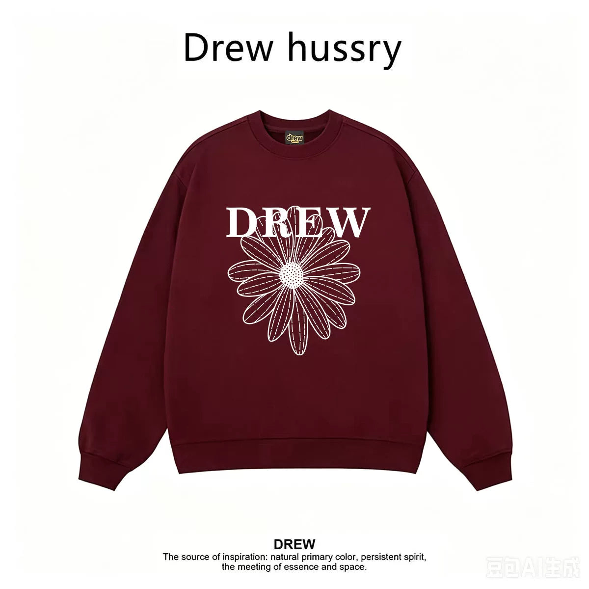 Drew Daisy Print Crewneck Sweatshirt, Fleece Lined, Unisex Loose Fit