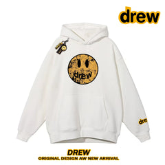 Drew Distressed Cracked Smiley Face Regular Lightweight Hoodie, White