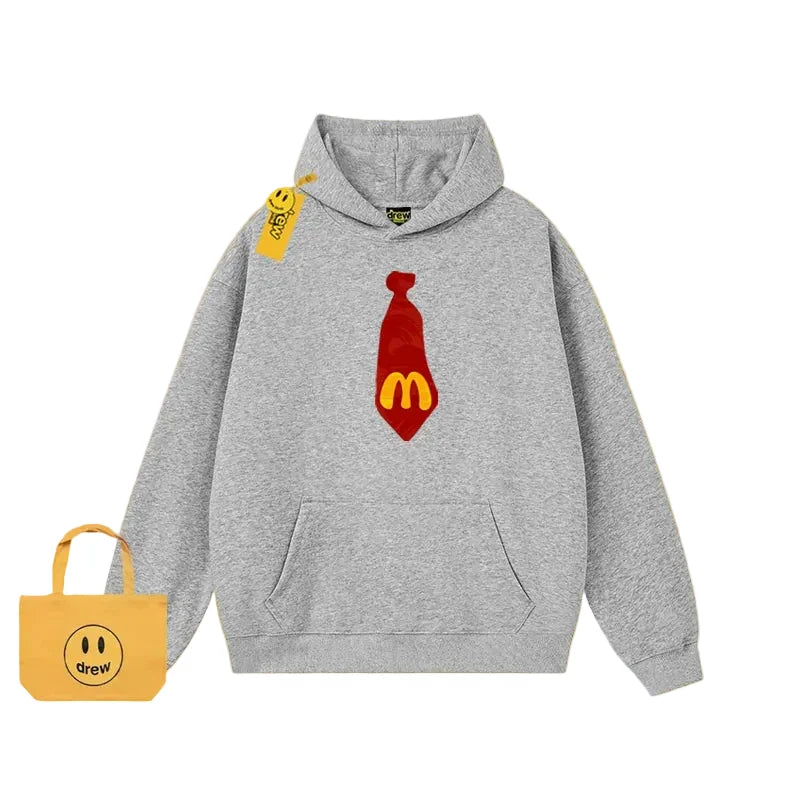 Drew Cartoon Tie Print Fleece Hoodie, Light Grey