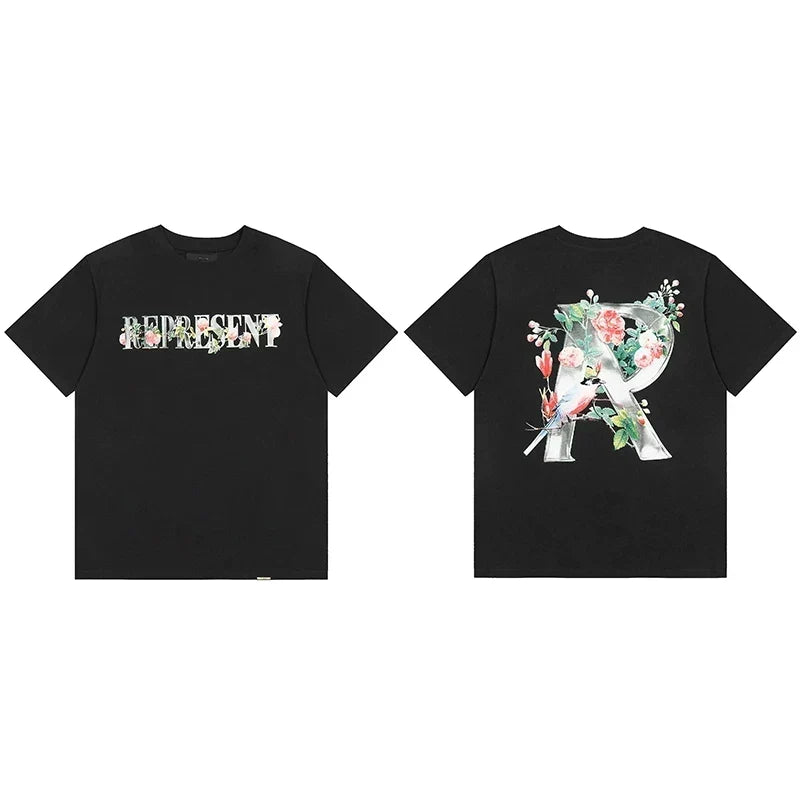 Represent Floral & Bird Silver "R" Graphic T-Shirt - Black