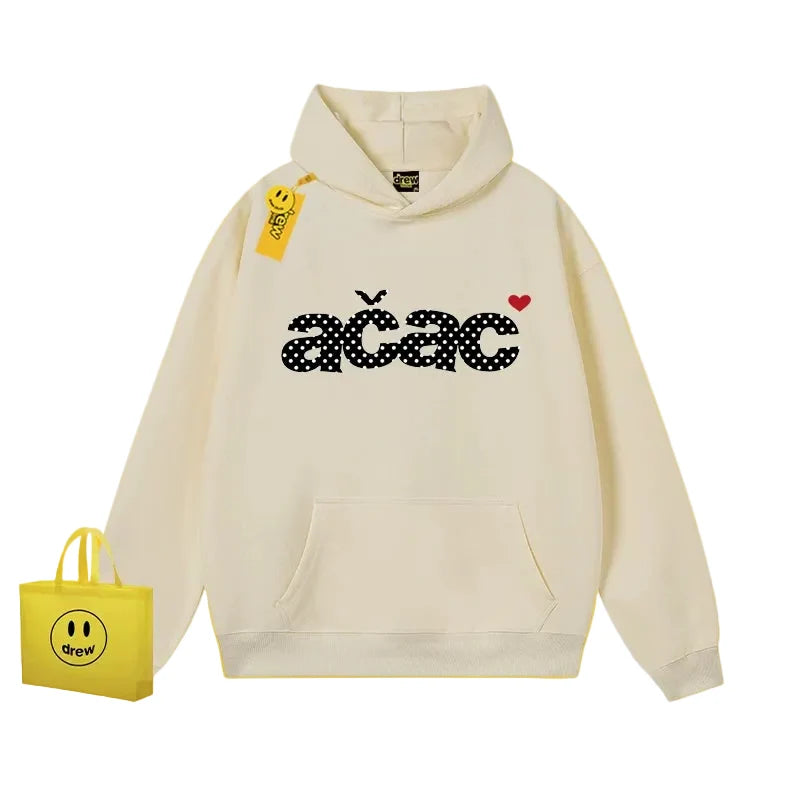 Drew Polka Dot Letter Print Hoodie, Apricot, Cotton Regular Weight