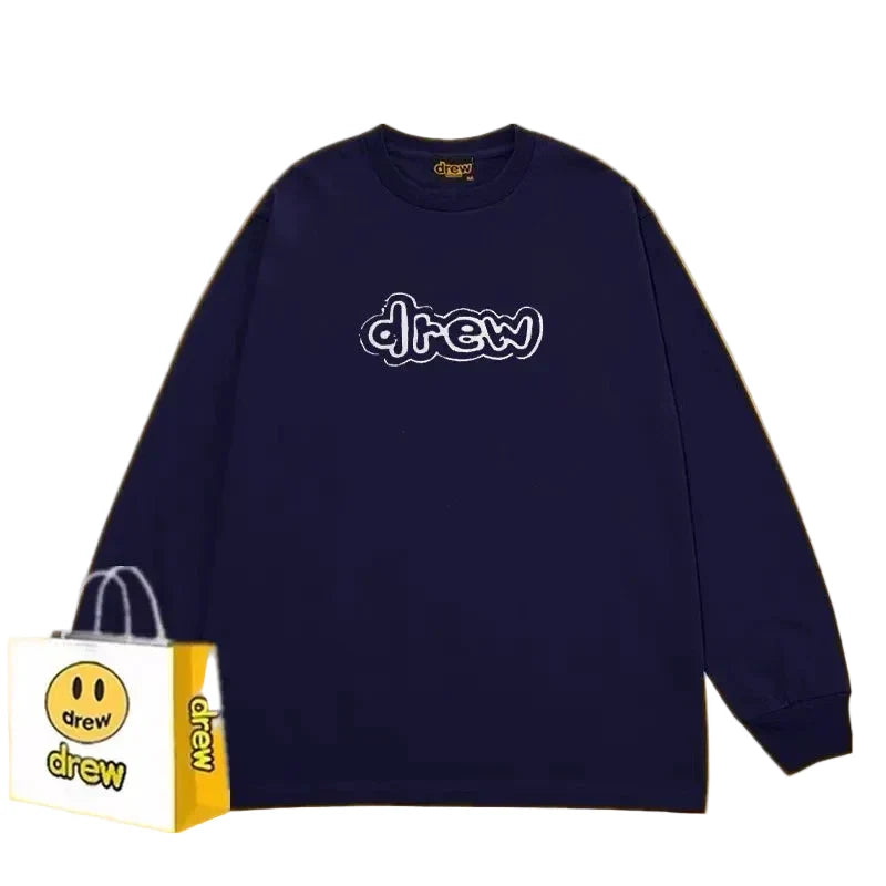 Drew Navy Outline Logo Relaxed-Fit Long-Sleeve Top