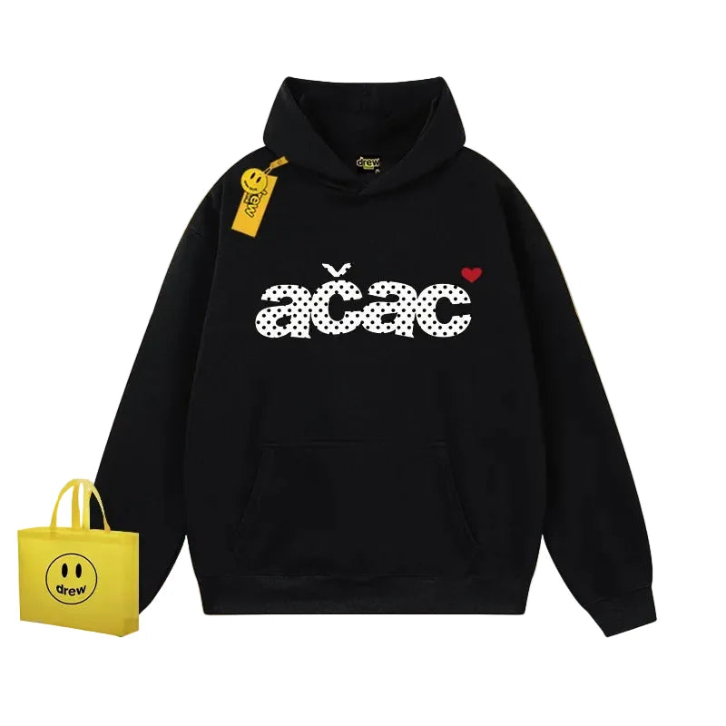 Drew Polka Dot Letter Print Fleece Hoodie, Black