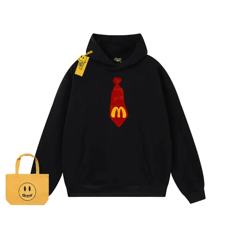 Drew Cartoon Tie Print Fleece Hoodie, Black