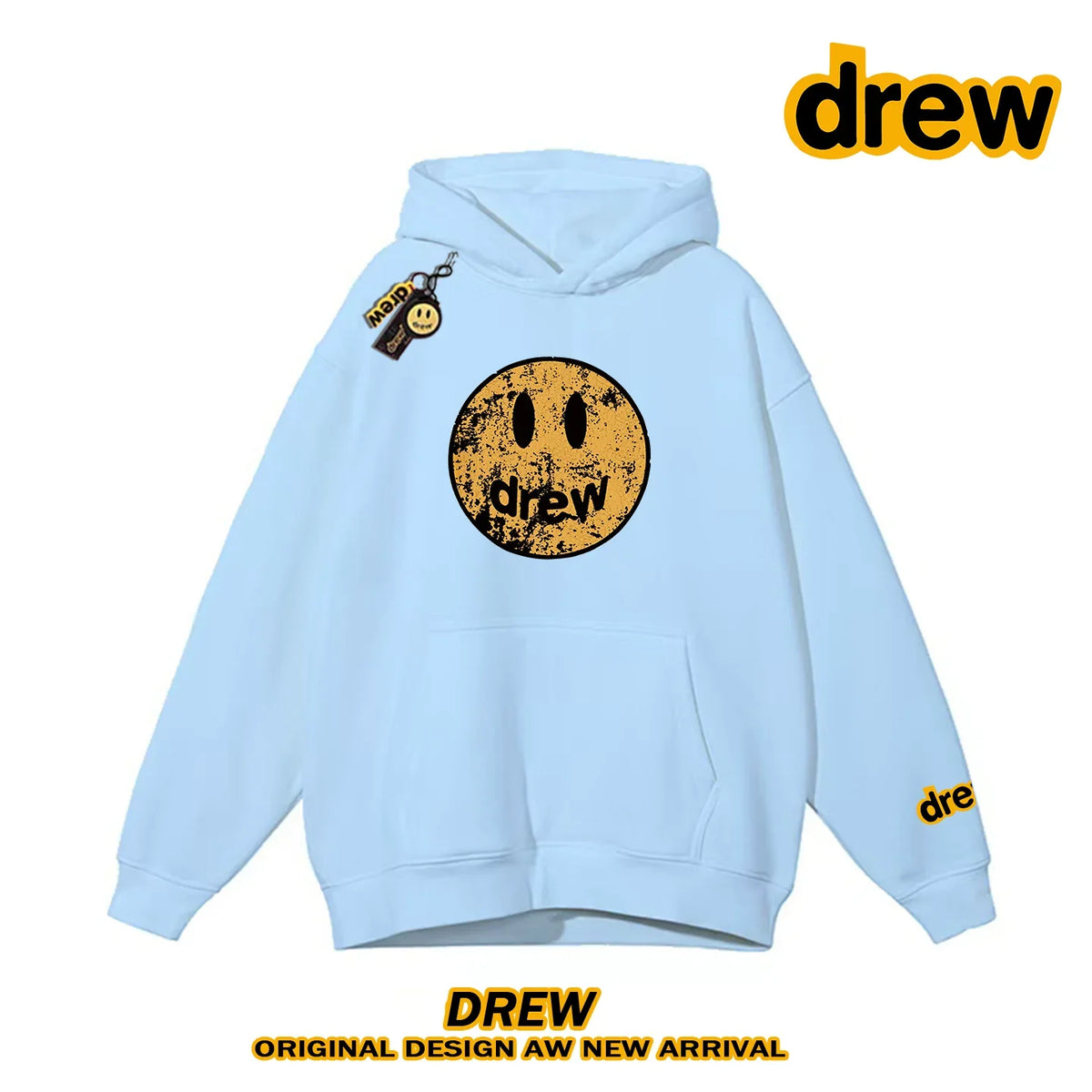 Drew Distressed Cracked Smiley Face Heavy Fleece Lined Hoodie, Sky Blu