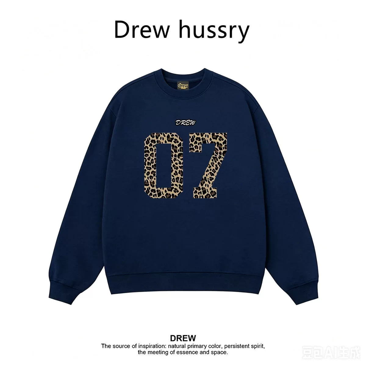 Drew Leopard 07 Graphic Fleece Lined Crewneck Sweatshirt, Navy